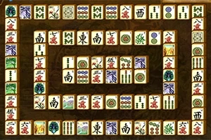 Rektangulärt arrangemang av mahjongbrickor med olika mönster och symboler