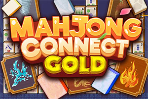 Färgglad logotyp med texten Mahjong Connect Gold ovanpå mahjongbrickor och kort med eld- och ismotiv