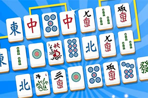 Ett antal mahjongbrickor med olika symboler och tecken mot en blå bakgrund