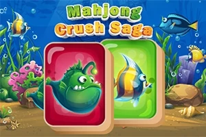 Färgglada fiskbrickor och undervattensmiljö med texten Mahjong Crush Saga