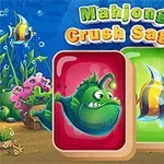 Färgglada fiskbrickor och undervattensmiljö med texten Mahjong Crush Saga