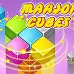 Färgglada kuber med glittrande effekter på en lila bakgrund, med texten MAHJONG CUBES högst upp
