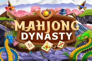 Huvudtexten Mahjong Dynasty mot en bakgrund med rosa blommor, två drakar och berg