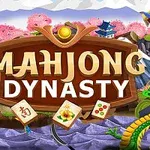 Huvudtexten Mahjong Dynasty mot en bakgrund med rosa blommor, två drakar och berg
