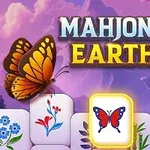 En bild med texten MAHJONG EARTH, en fjäril och flera mahjong-brickor med blommor och fjärilar mot en lila bakgrund