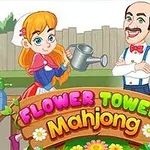 Tecknade figurer, en flicka med vattenkanna och en man med mustasch, står i en färgglad trädgård med texten Flower Tower Mahjong framför dem