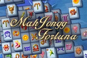 Staplade mahjongbrickor med astrologiska symboler och texten Mah Jongg Fortuna över bilden