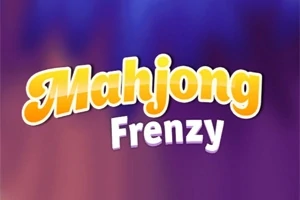 Texten Mahjong Frenzy i gul och vit mot en suddig blå och lila bakgrund