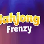 Texten Mahjong Frenzy i gul och vit mot en suddig blå och lila bakgrund