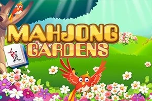Färgglad scen med en papegoja, blommor och texten Mahjong Gardens
