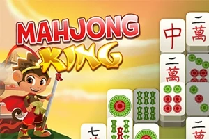 En tecknad figur i kungakläder bredvid staplade mahjong-brickor med asiatiska tecken och symboler