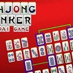 Röd bakgrund med mahjong-brickor i olika mönster och färger, samt text i överkanten