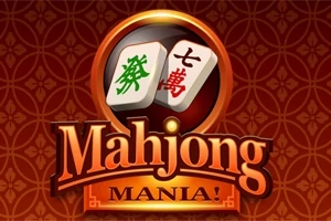 Två mahjongbrickor med kinesiska tecken mot en dekorativ röd bakgrund med texten Mahjong Mania!