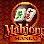 Två mahjongbrickor med kinesiska tecken mot en dekorativ röd bakgrund med texten Mahjong Mania!