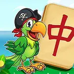 En tecknad papegoja med pirathatt står bredvid en spelbricka med en röd symbol, omgiven av blommor och hav
