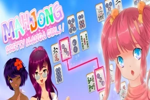 Tecknade mangafigurer med färgglatt hår och mahjongbrickor på en blå bakgrund