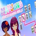 Tecknade mangafigurer med färgglatt hår och mahjongbrickor på en blå bakgrund