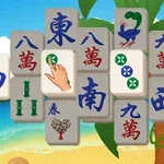 En hand som pekar på en stapel av mahjongbrickor med kinesiska tecken och symboler mot en strandbakgrund med palmer