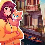 Tecknad flicka i gul hoodie håller en katt framför en stadsmiljö med en kanal och en gata fylld med byggnader, samt några färgglada brickor med symboler