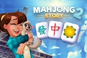 En kvinna som skrattar och håller en katt, med tre mahjongbrickor bredvid och texten MAHJONG STORY 2 mot en ljus bakgrund