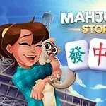 En kvinna som skrattar och håller en katt, med tre mahjongbrickor bredvid och texten MAHJONG STORY 2 mot en ljus bakgrund