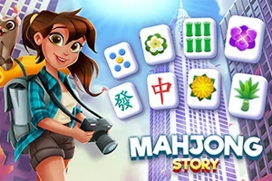 Tecknad flicka med kamera och ryggsäck framför skyskrapor med mahjongbrickor i bakgrunden