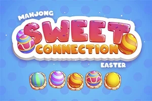 Färgglatt påskäggstema med texten Sweet Connection på en blå bakgrund