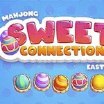 Färgglatt påskäggstema med texten Sweet Connection på en blå bakgrund