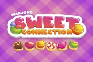 Texten Mahjong Sweet Connection i färgglada bokstäver på en lila schackrutig bakgrund med olika godisikoner under texten