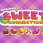 Texten Mahjong Sweet Connection i färgglada bokstäver på en lila schackrutig bakgrund med olika godisikoner under texten