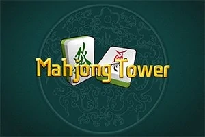 Två mahjong-brickor med symboler och texten Mahjong Tower mot en grön bakgrund med ett dekorativt mönster