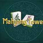 Två mahjong-brickor med symboler och texten Mahjong Tower mot en grön bakgrund med ett dekorativt mönster