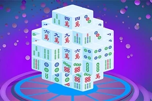 Kuber staplade som en pyramid av mahjongbrickor med olika symboler på en färgglad bakgrund med cirklar