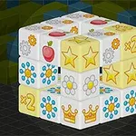 Kub av kuber med olika symboler inklusive blommor, stjärnor, kronor och en röd frukt på en rutnätsbakgrund