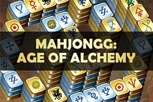 Mahjong-brickor med alkemiska symboler och texten MAHJONGG: AGE OF ALCHEMY i mitten