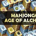 Mahjong-brickor med alkemiska symboler och texten MAHJONGG: AGE OF ALCHEMY i mitten