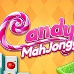 Färgglad grafik med godis-tema, inklusive karameller och fruktformer kring texten Candy MahJongg