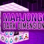En kub med olika symboler och texten MAHJONGG DARK DIMENSIONS i neonlila mot en mörklila bakgrund