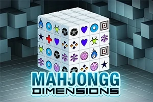En tredimensionell kub med olika symboler på sina sidor, omgiven av en bakgrund med kubmönster och texten Mahjongg Dimensions under kuben