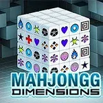 En tredimensionell kub med olika symboler på sina sidor, omgiven av en bakgrund med kubmönster och texten Mahjongg Dimensions under kuben