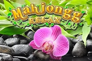 Texten Mahjongg Relax i guldfärg ovanför en rosa orkidé och svarta stenar med gröna blad i bakgrunden