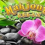 Texten Mahjongg Relax i guldfärg ovanför en rosa orkidé och svarta stenar med gröna blad i bakgrunden