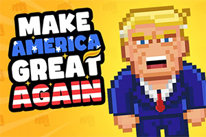 Pikselkonst av en blond man i kostym med texten Make America Great Again mot en gul bakgrund