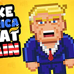 Pikselkonst av en blond man i kostym med texten Make America Great Again mot en gul bakgrund