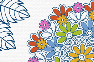 Färgglada blommor och cirkulära mönster med en blå bladsiluett i hörnet