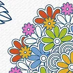 Färgglada blommor och cirkulära mönster med en blå bladsiluett i hörnet
