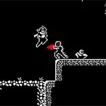 Pixelkonstbild med två karaktärer i en mörk retro-videospelsmiljö
