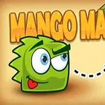 En grön tecknad figur med stora ögon ser mot en mango med texten Mango Mania i bakgrunden