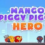 Två tecknade figurer står bredvid en metallisk robotfigur med ett träföremål, i bakgrunden syns texten Mango Piggy Piggy Hero mot en blå stadsbakgrund