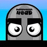 Tecknad grå figur med stora ögon och texten mannequin head på pannan mot en blå bakgrund